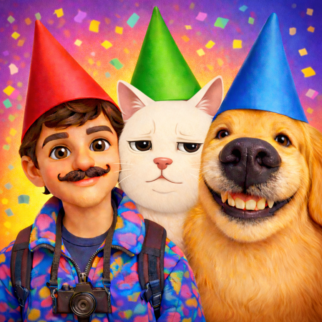 Amigui app icon artwork with the party-hat mascots